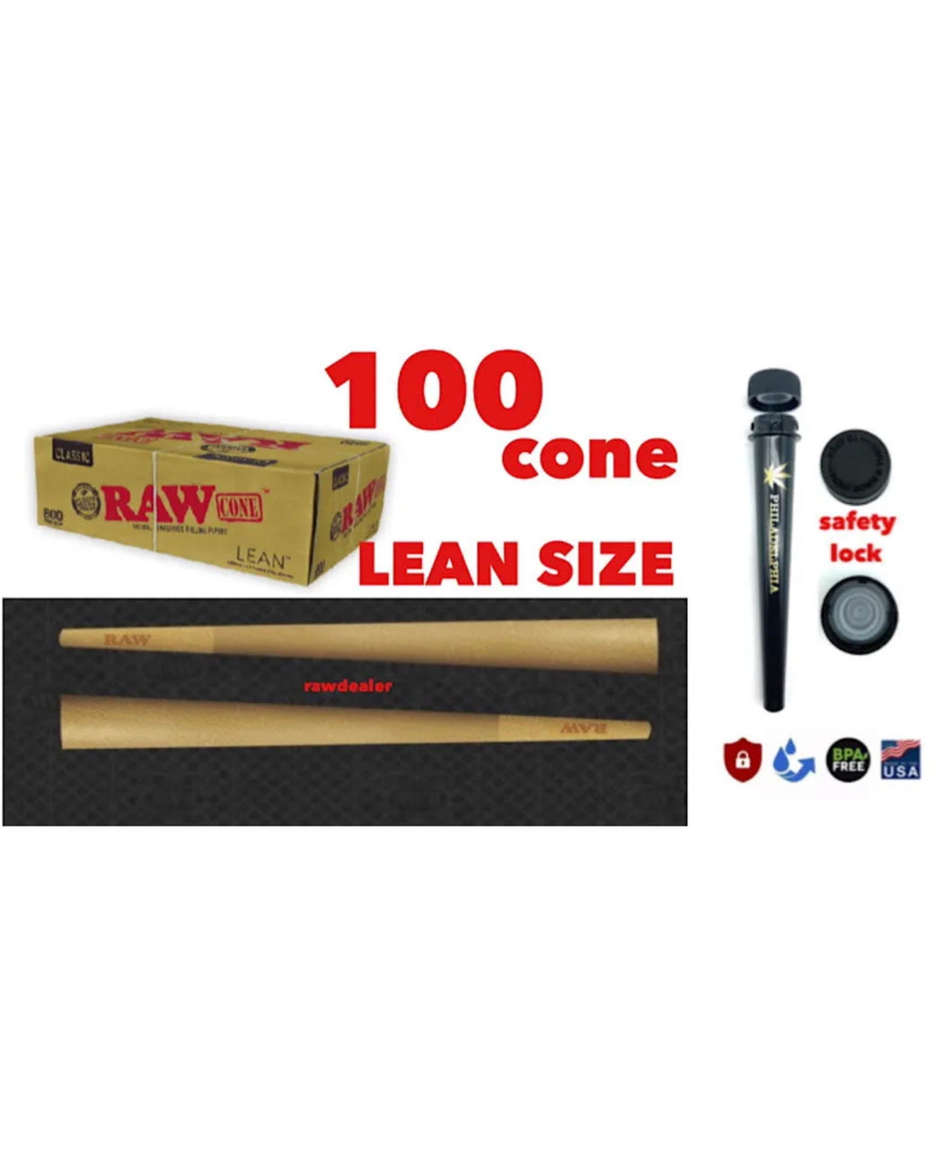 raw classic LEAN size pre-rolled cone w filter(100 pack)+sealed smell proof tube