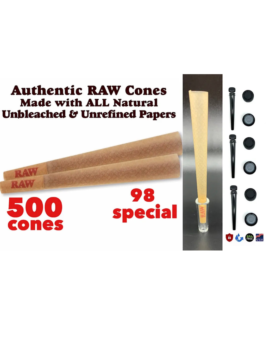 raw cone classic 98 special size pre rolled cone(500 pack)+3pcs tube +glass TIP