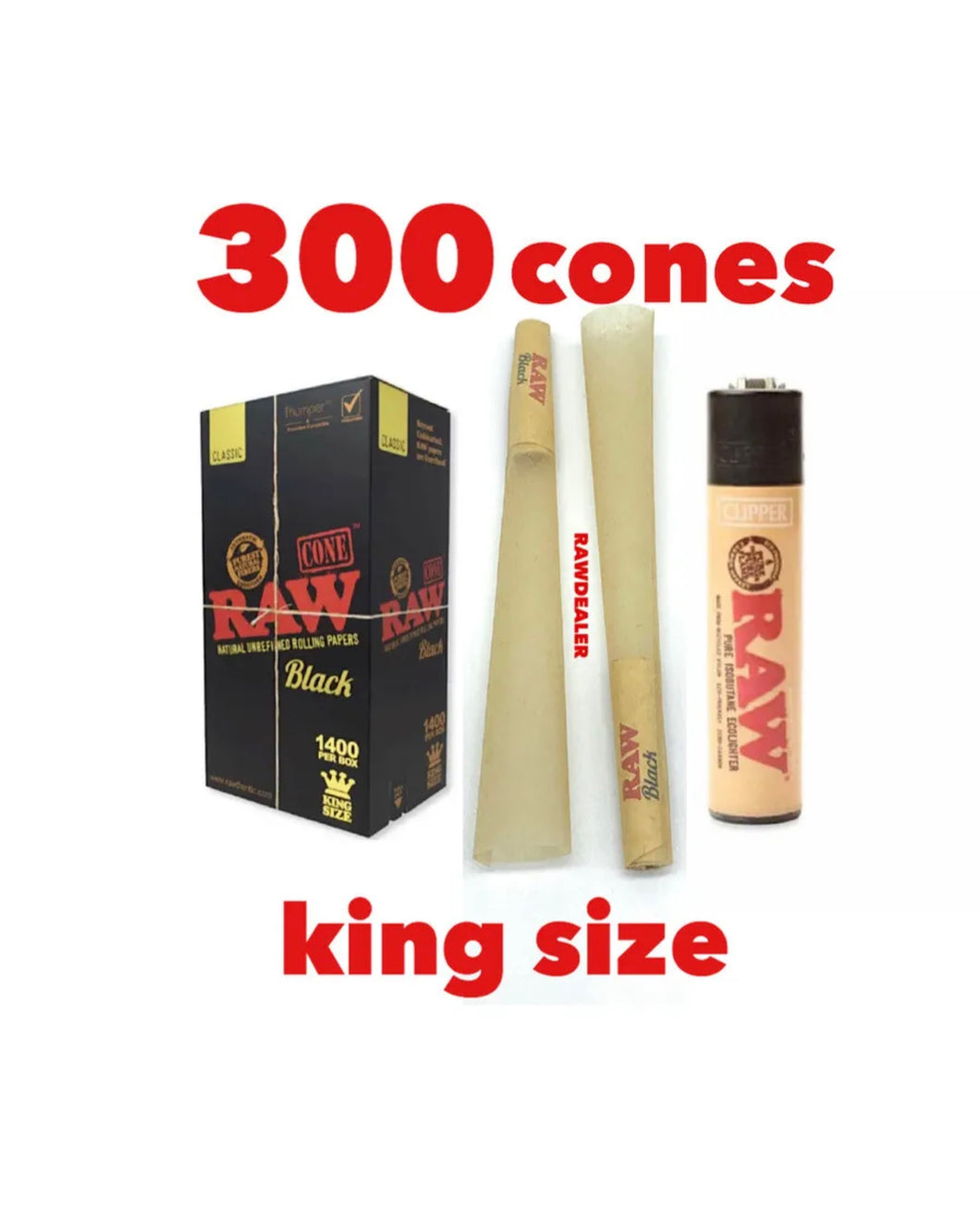 RAW BLACK king size pre rolled cone (300pk, 200pk, 100pk 50pk)+raw clipper lighter