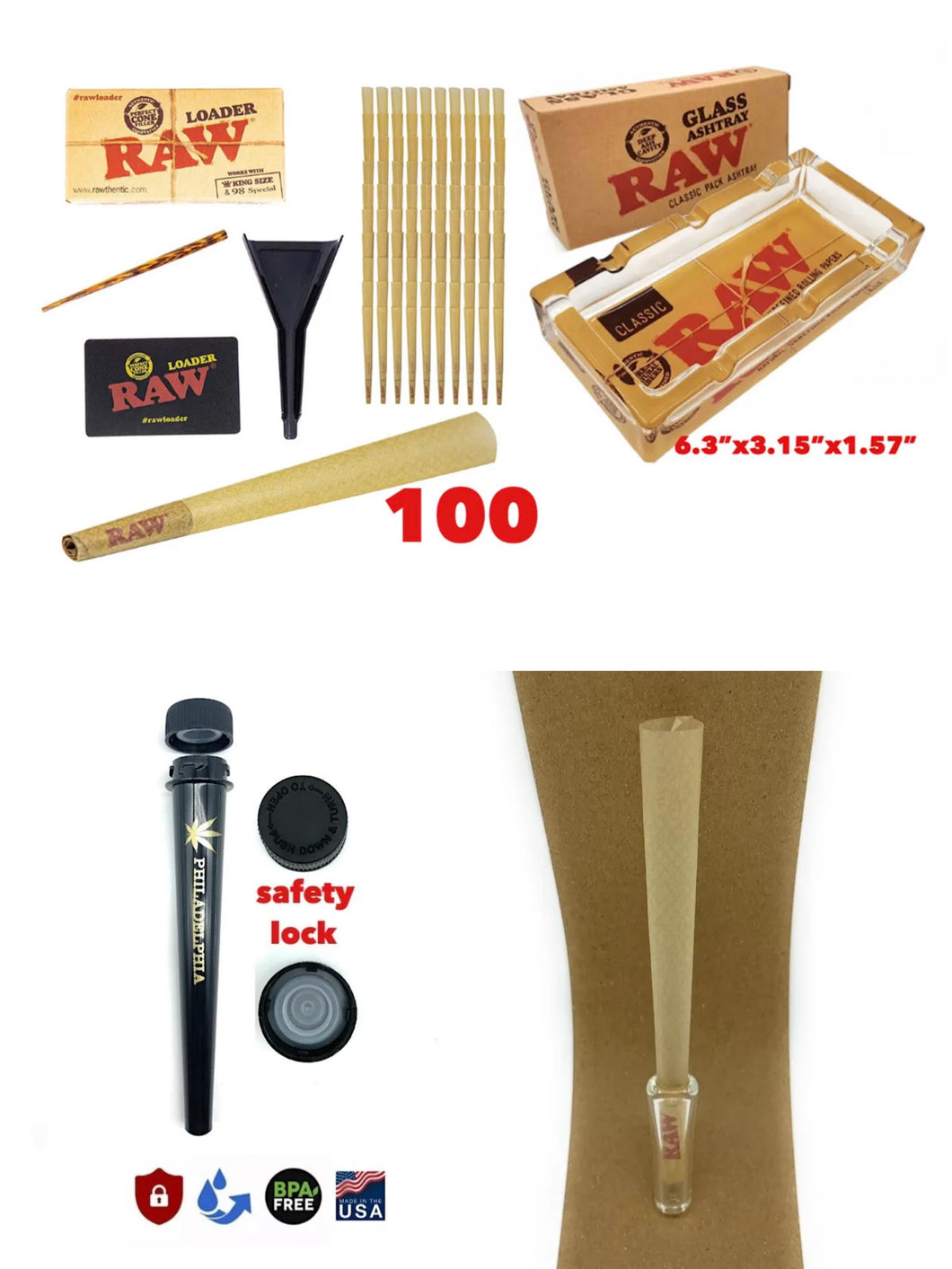 RAW King Size Cones(100 pk)+raw cone loader+raw glass ashtray +GLASS TIP+tube