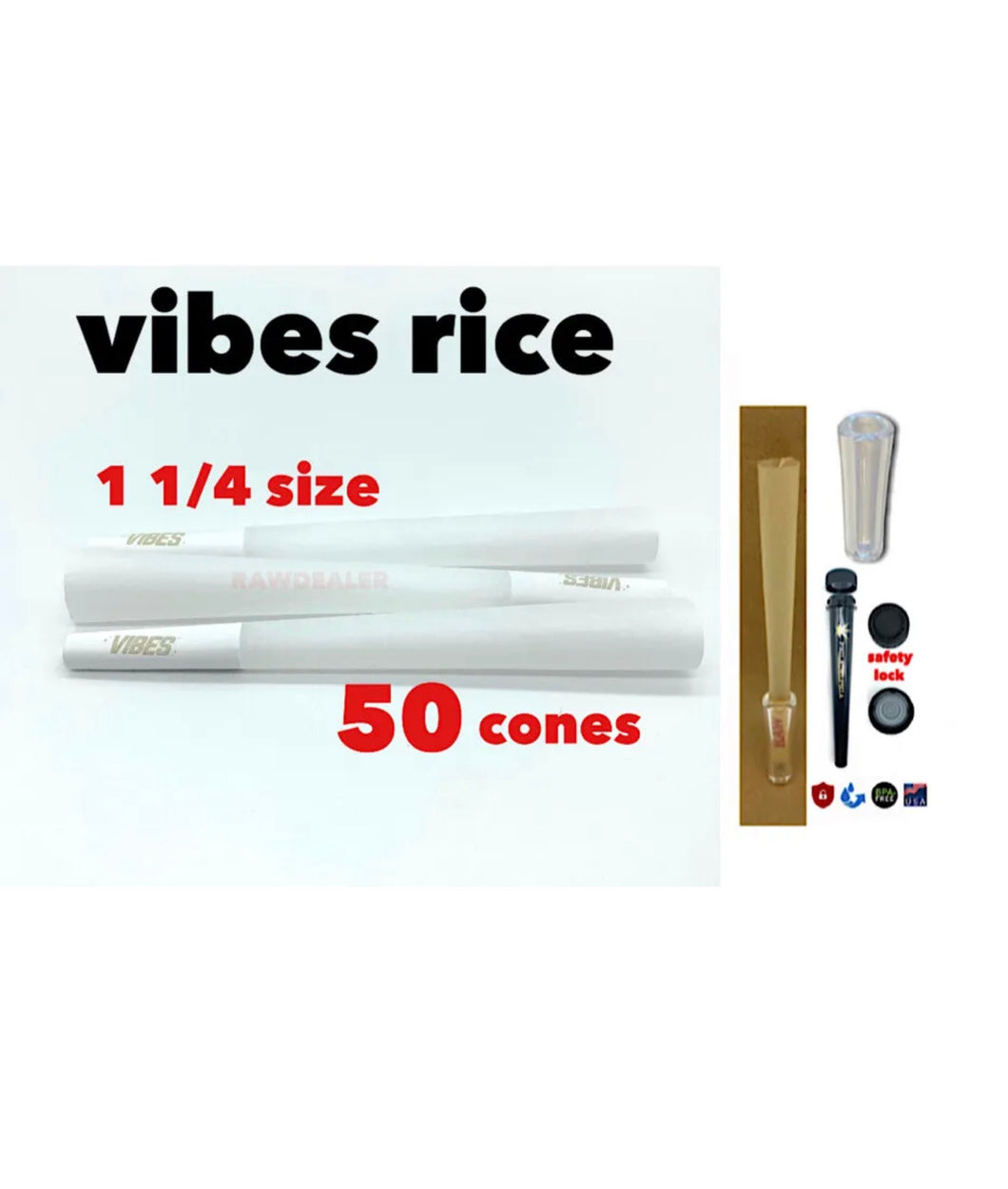 vibes RICE  pre rolled cone 1 1/4 size +glass cone tip+ smell proof tube