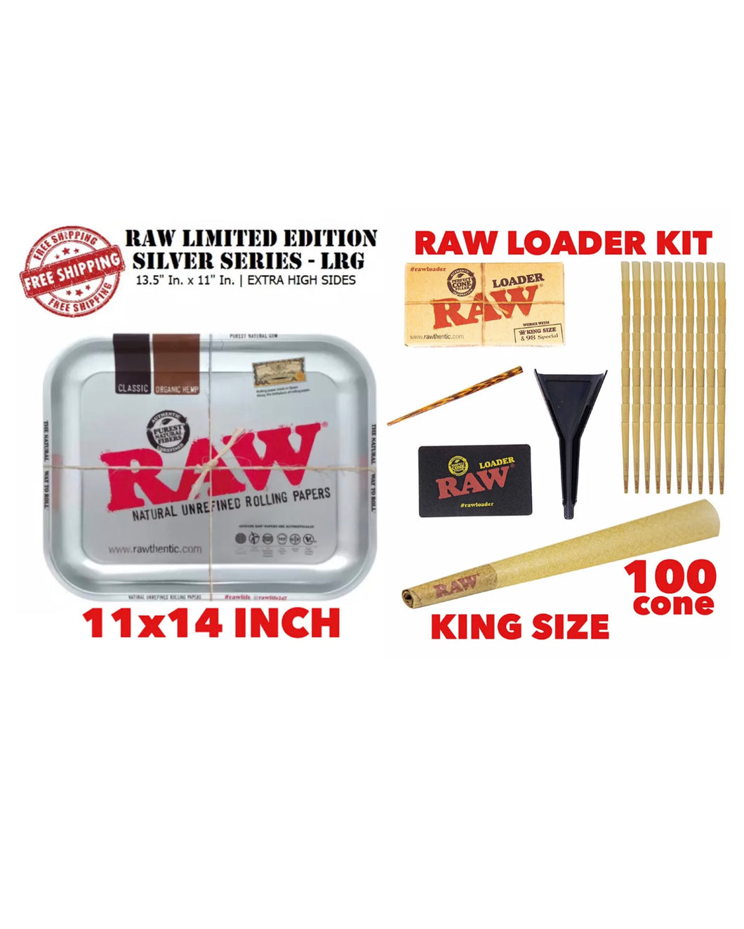 raw rolling metal tray(SILVER)large+raw king size cone(100 pack)+cone loader kit