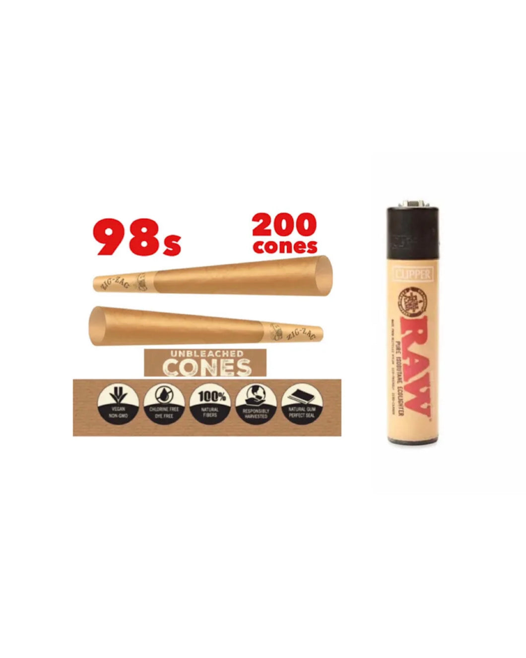 Zig Zag 98 s size Unbleached Cone (200 PK, 100Pack)+clipper raw lighter