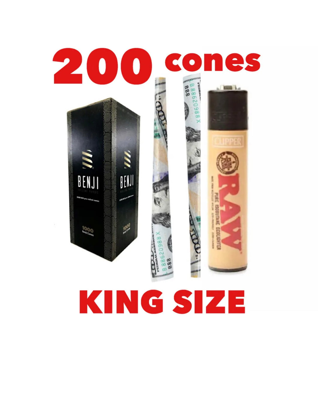 benji $100 bill pre rolled cone w tip king size(200pk, 100pk, 50pk)+raw clipper lighter