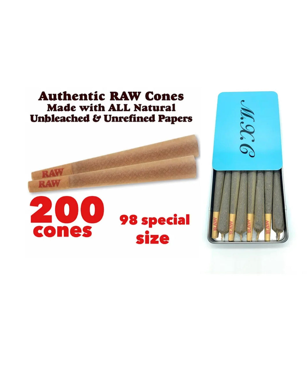 RAW Classic 98 special Size Cone(200pk, 100pk, 50pk)+steel slide lock cone joint holder case
