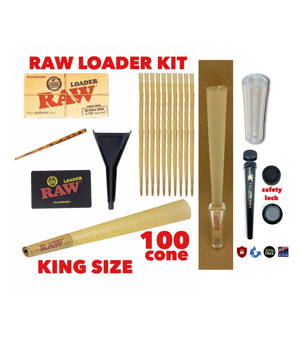 RAW Classic King Size Cones(100 pk)+raw cone loader+GLASS TIP +PHILADELPHIA TU