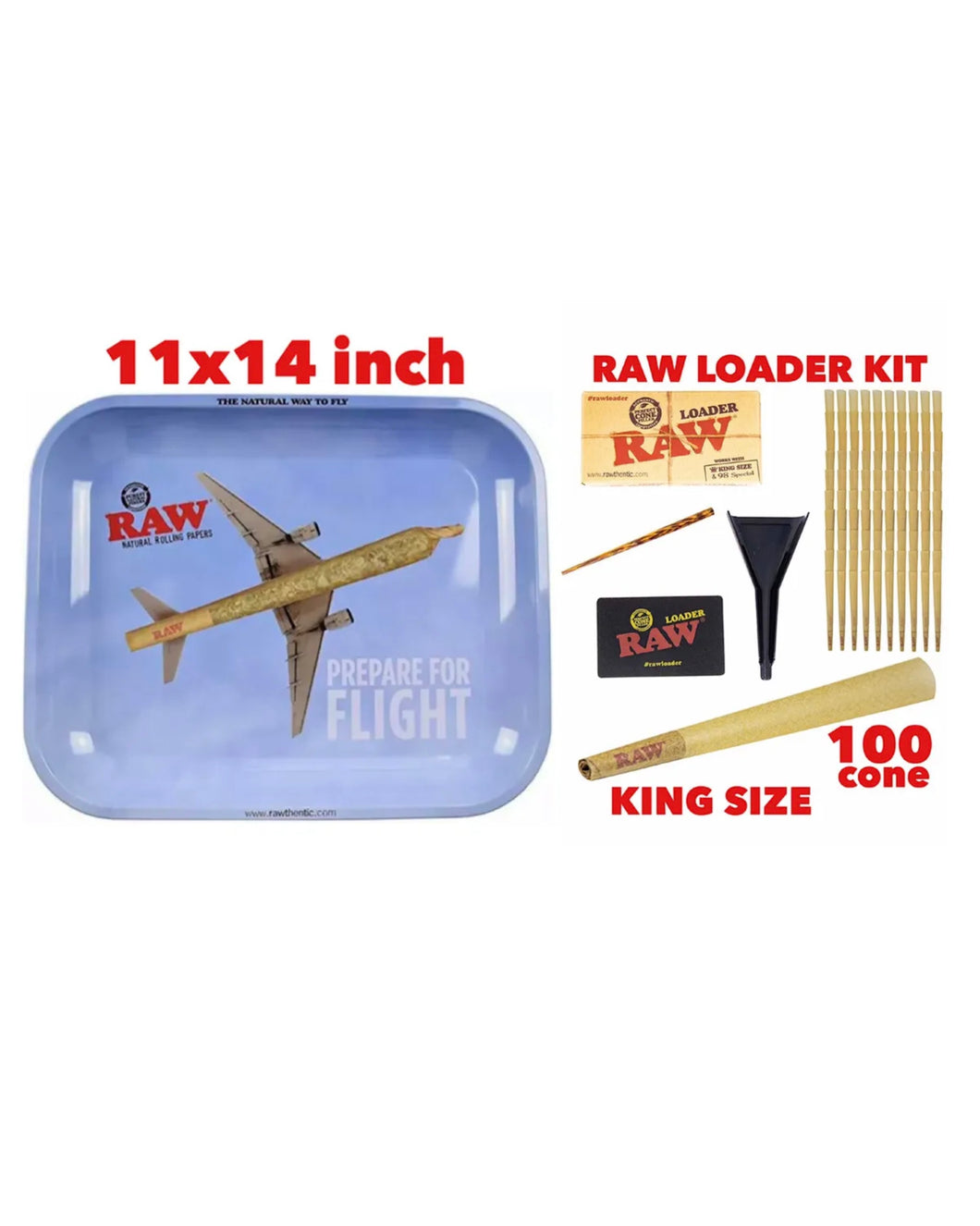 raw rolling metal tray(FLIGHT)large+raw king size cone(100 pack)+cone loader kit