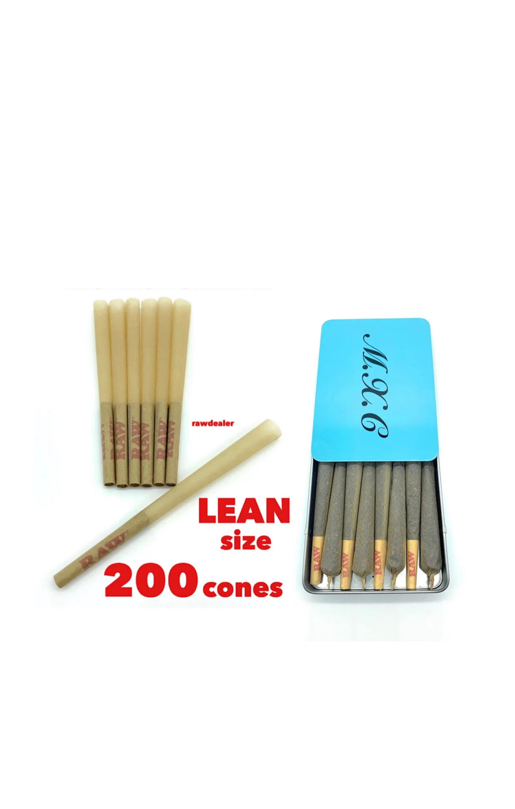 raw lean size pre rolled cone(200pk, 100pk, 50pk)+steel slide lock cone holder  case