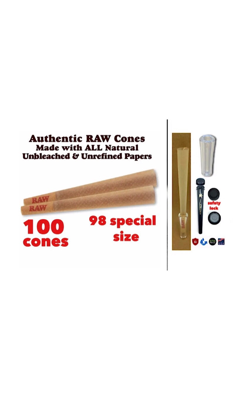 RAW Classic 98 special Size Cones (200PK)+smell proof tube+glass cone tip