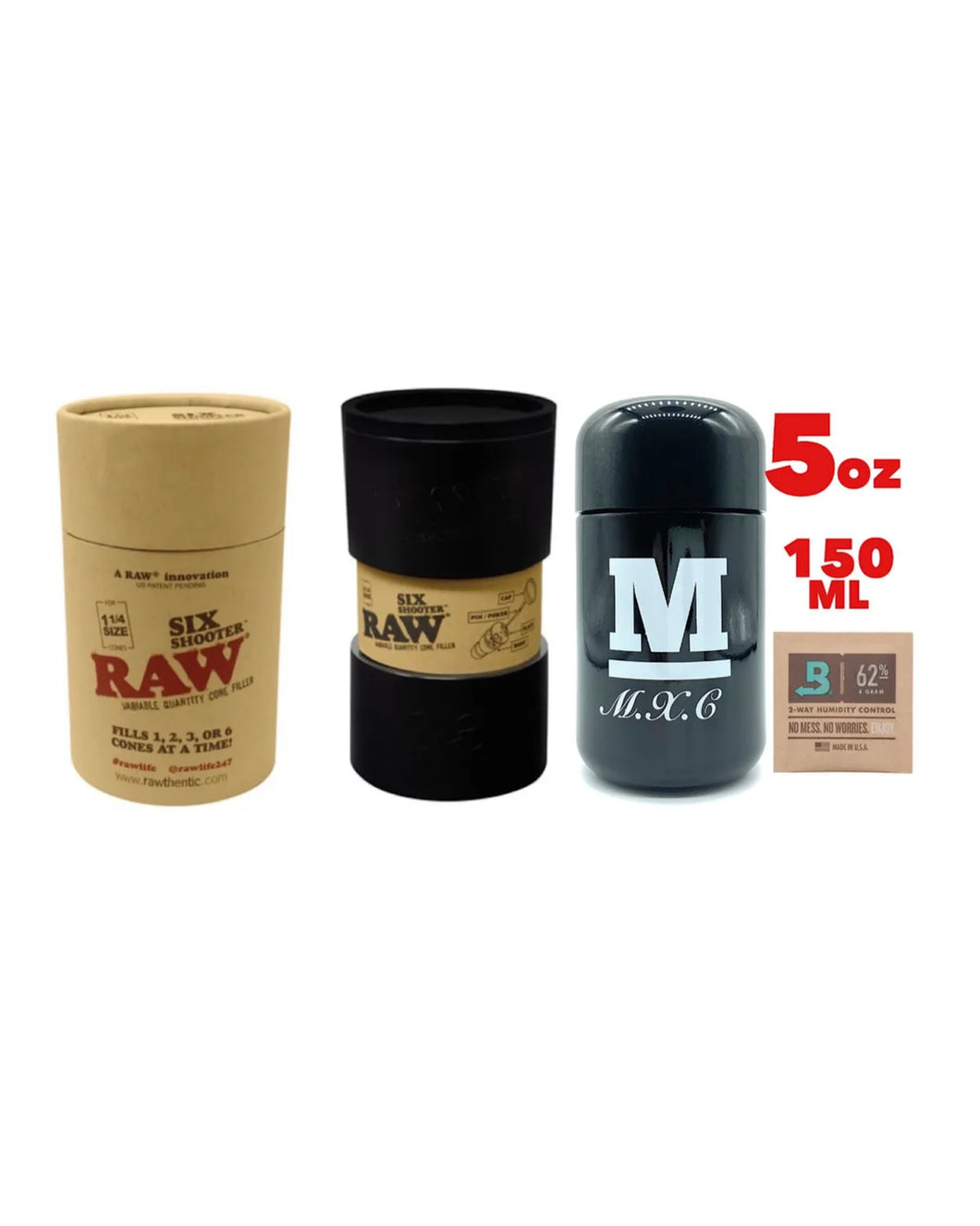 Raw Six Shooter filler 1 1/4 size +M glass herb jar UV smell proof+boveda