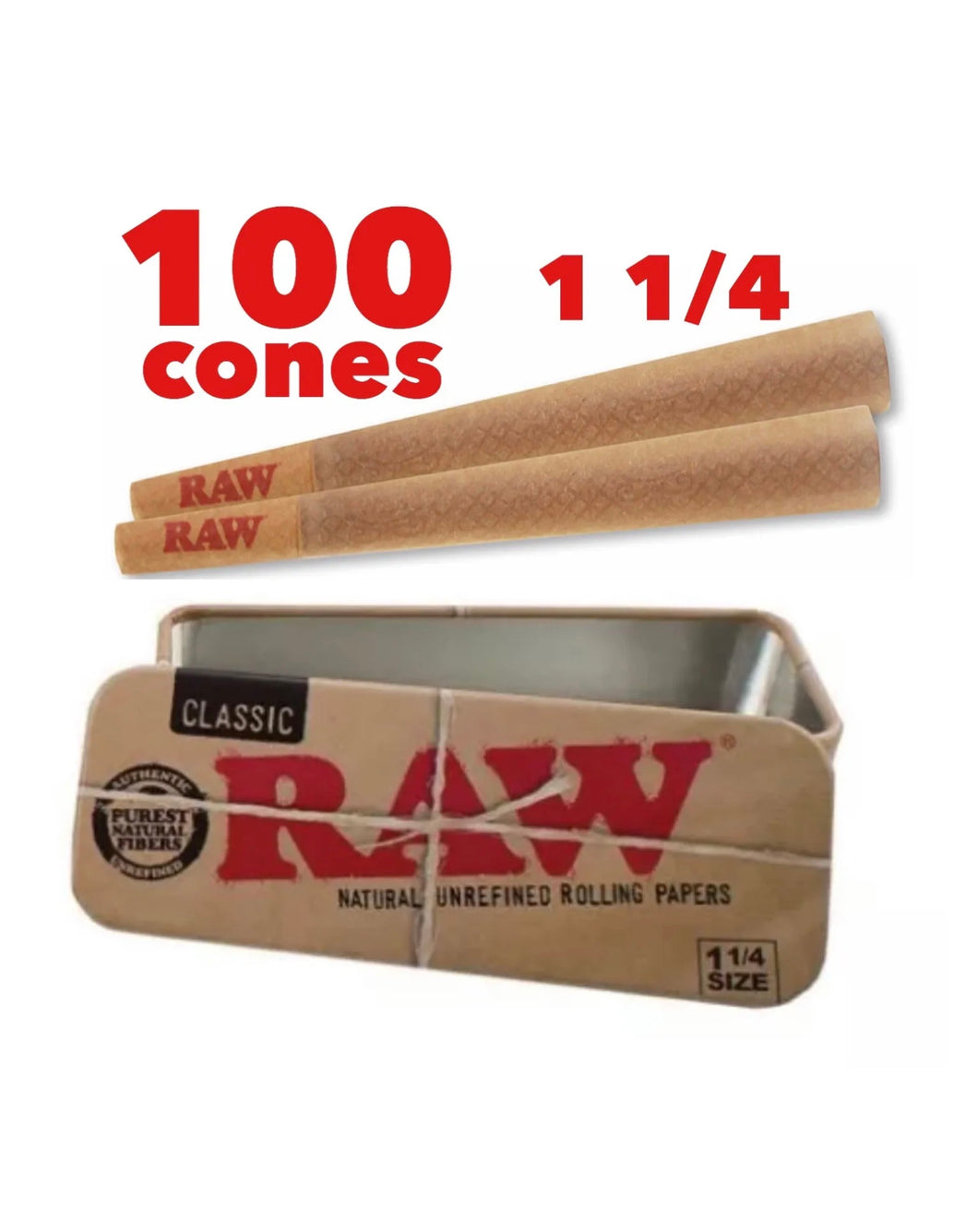 raw classic 1 1/4 size pre rolled cone(100 packs)+raw 1 1/4 size cone caddy tin