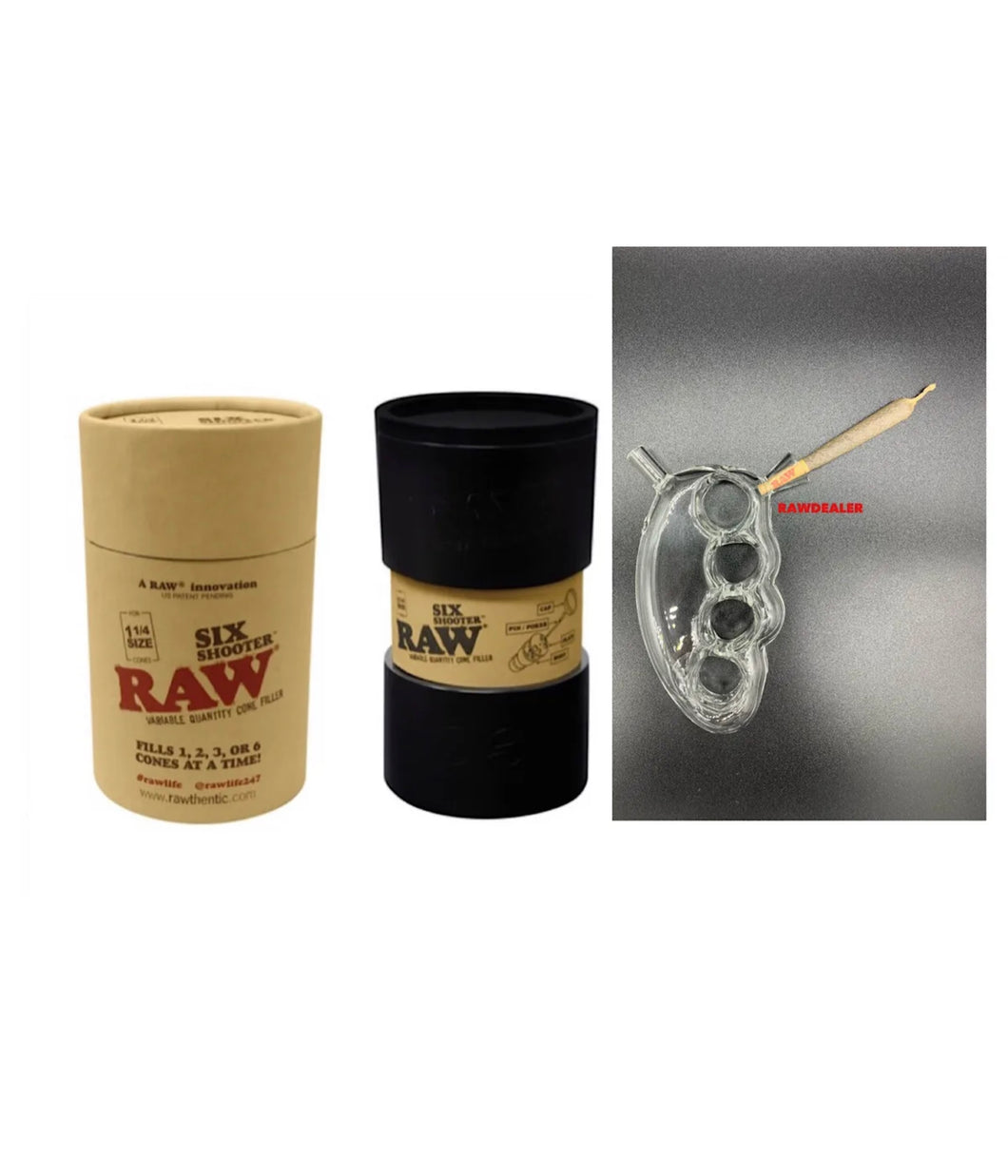 raw 6 six shooter 1 1/4 size filler +glass knuckle cone bubbler smoke water pipe