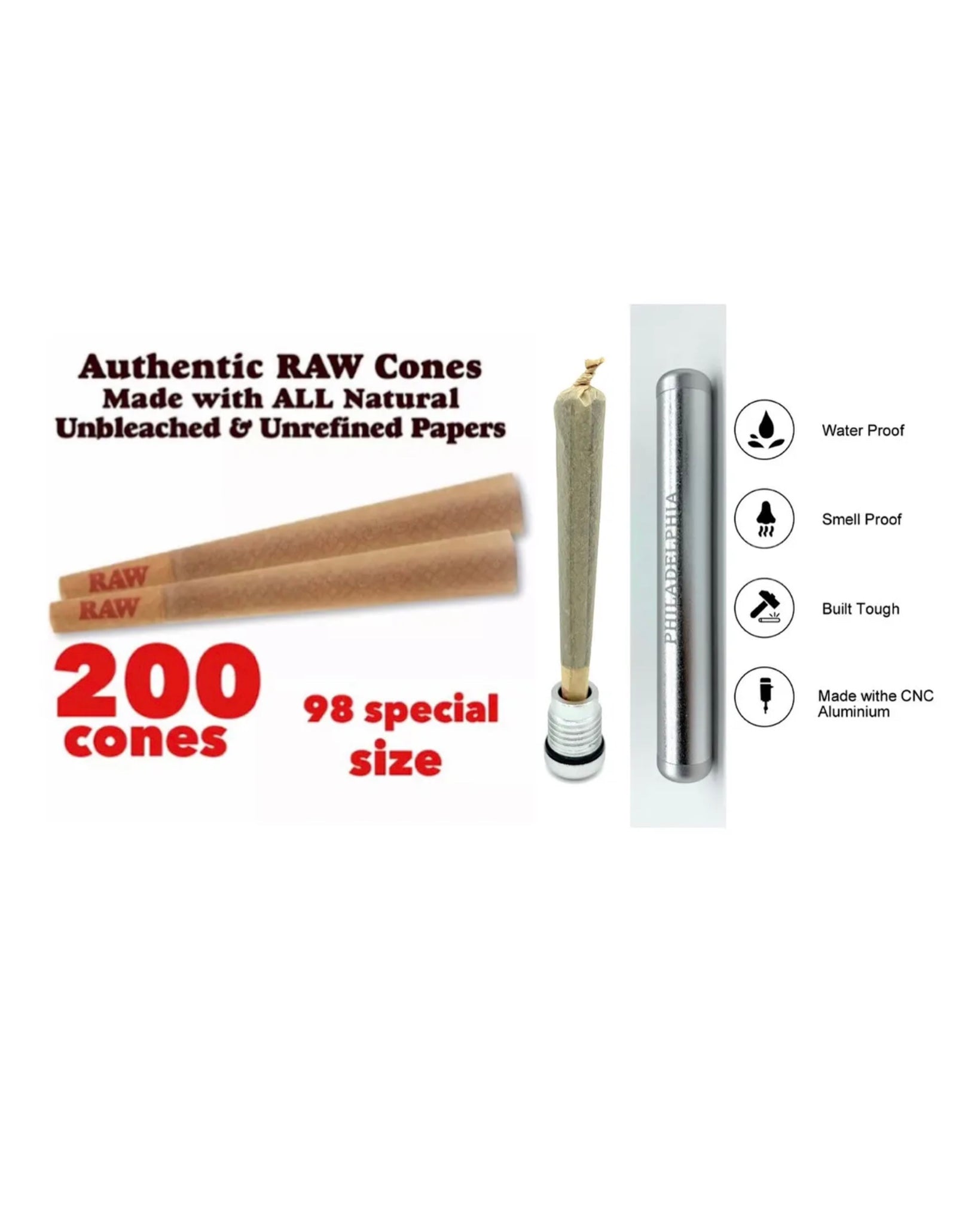 RAW Classic 98 special Size Cone(200pk, 100pk, 50pk)+aluminum sealed w –  WISE FUME