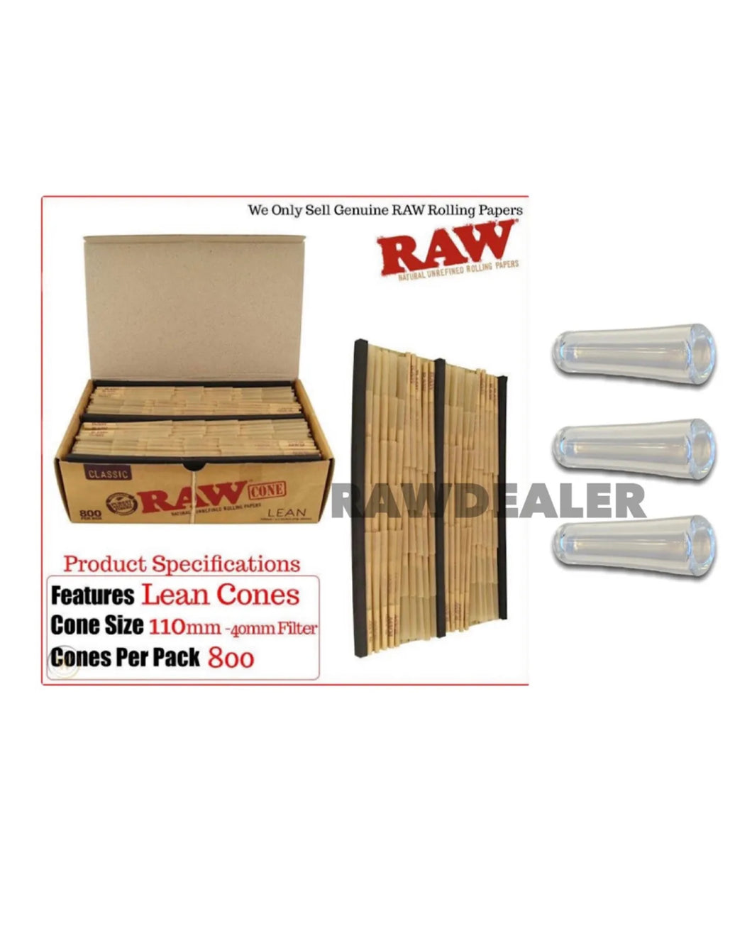 raw classic LEAN size cone W tip FULL BOX ( 800 pack)+ 3 GLASS cone holder tip