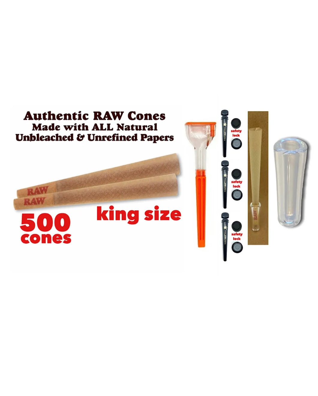 Raw cone Classic King Size Cone(500 Pk )+3x tube +GLASS CONE TIP+cone filler