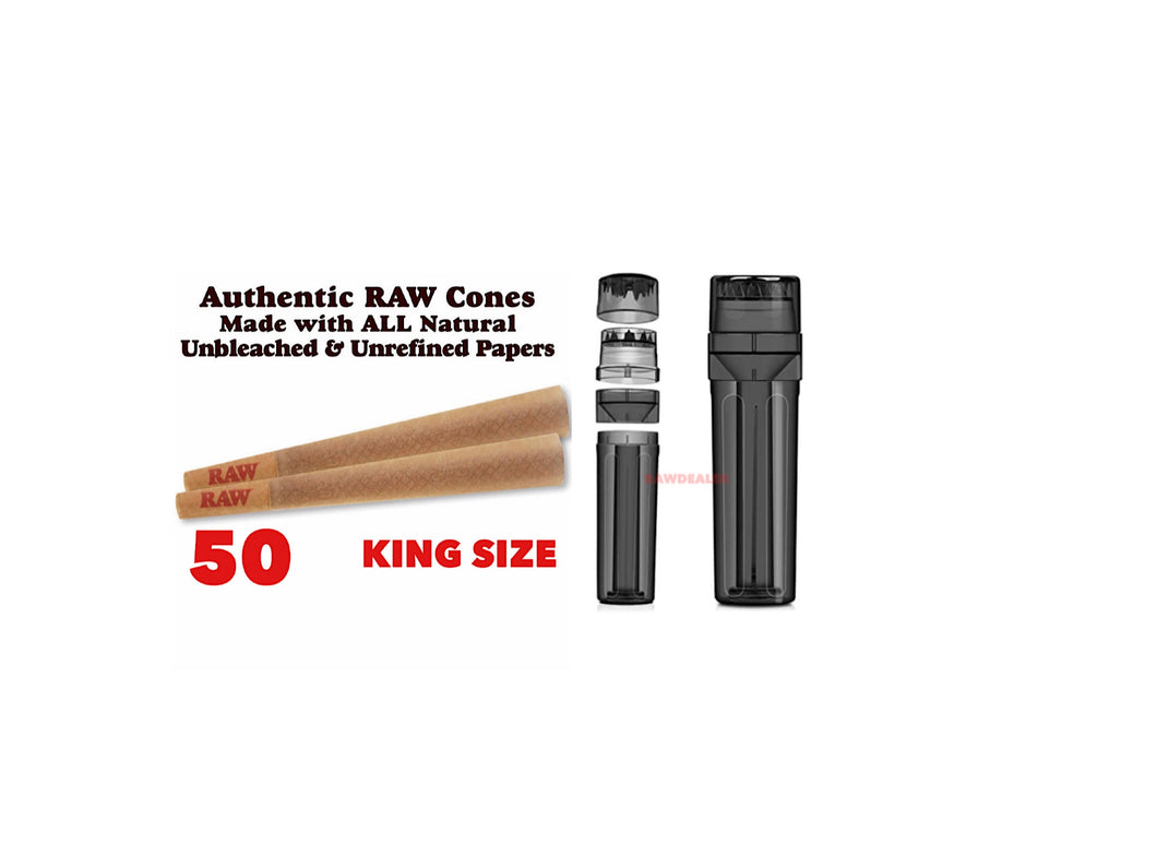 Raw classic king size pre rolled cone 50/100/200 cones + portable pre rolled cone 3in1 herb grinder filler storage