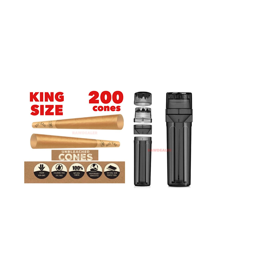 Zig zag unbleached king size pre rolled cone 50/100/200 cones + portable pre rolled cone 3in1 herb grinder filler storage