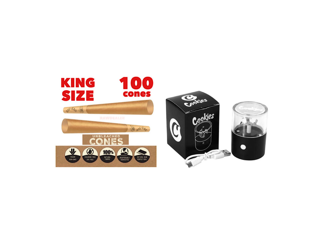 Zig zag unbleached KING  size pre rolled cone 100PK 200PK  cones + electric rechargeable herb grinder