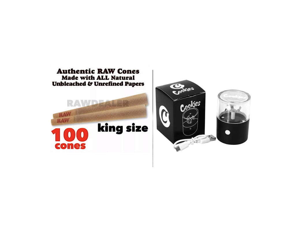 Raw classic king size pre rolled cone 100PK 200PK cones + electric rechargeable herb grinder