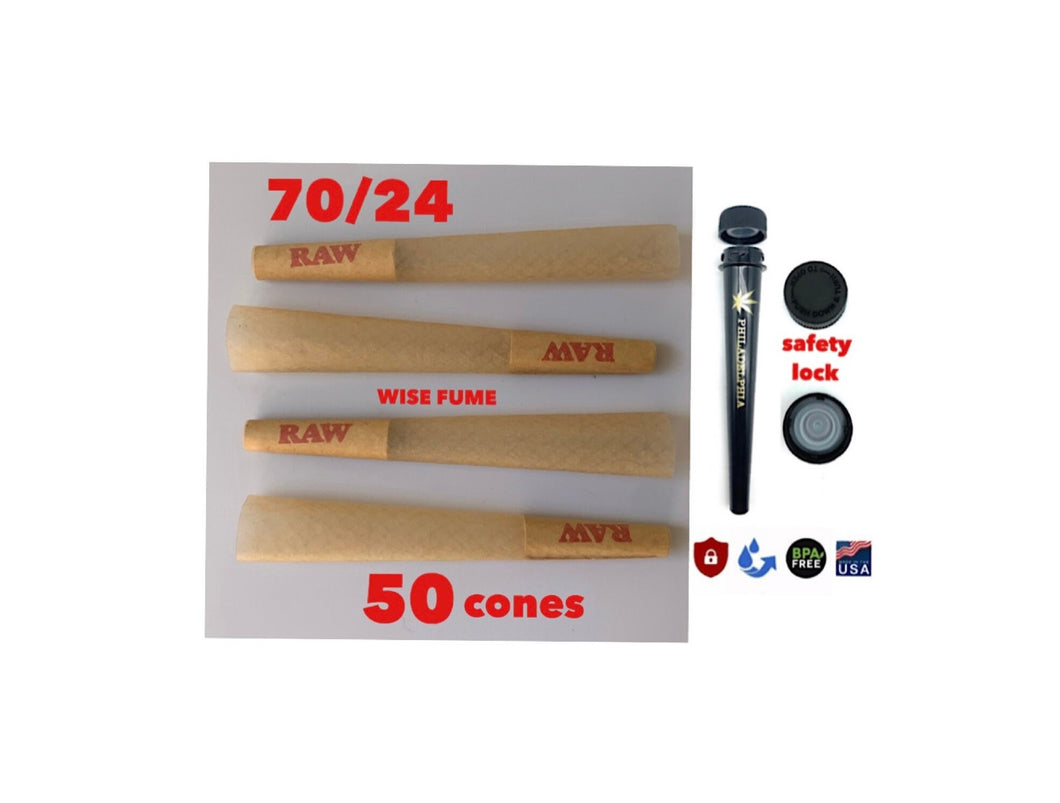 Raw single 70/24 size pre rolled cone with tip 50pk | 100pk | 200pk + Philadelphia smell proof tube