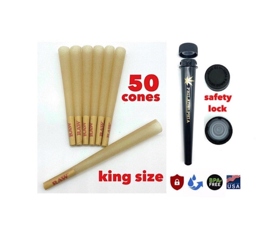 Raw classic king size pre rolled cone with tip 50pk | 100 pk | 200pk | 300pk | 400pk | 500 pk + Philadelphia smell proof tube