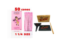 Load image into Gallery viewer, RAW Juicy Lucy PINK pre rolled cone 1 1/4 size made in France 50pk | 100pk | 200pk + raw 1 1/4 lean size cone loader kit
