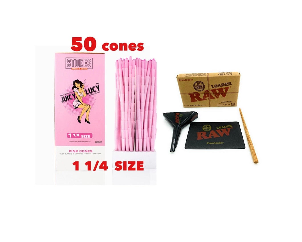 RAW Juicy Lucy PINK pre rolled cone 1 1/4 size made in France 50pk | 100pk | 200pk + raw 1 1/4 lean size cone loader kit