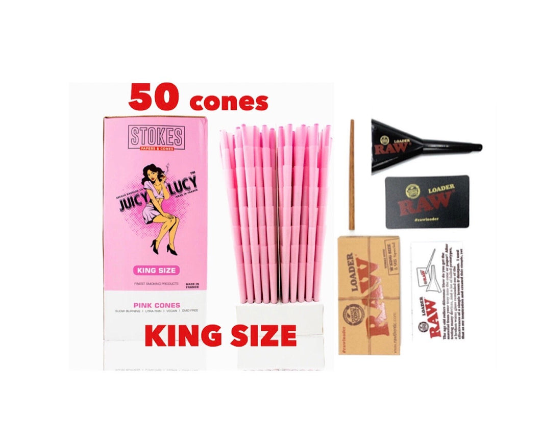 RAW Juicy Lucy PINK pre rolled cone king size made in France 50pk | 100pk | 200pk + raw 98 king size cone loader kit