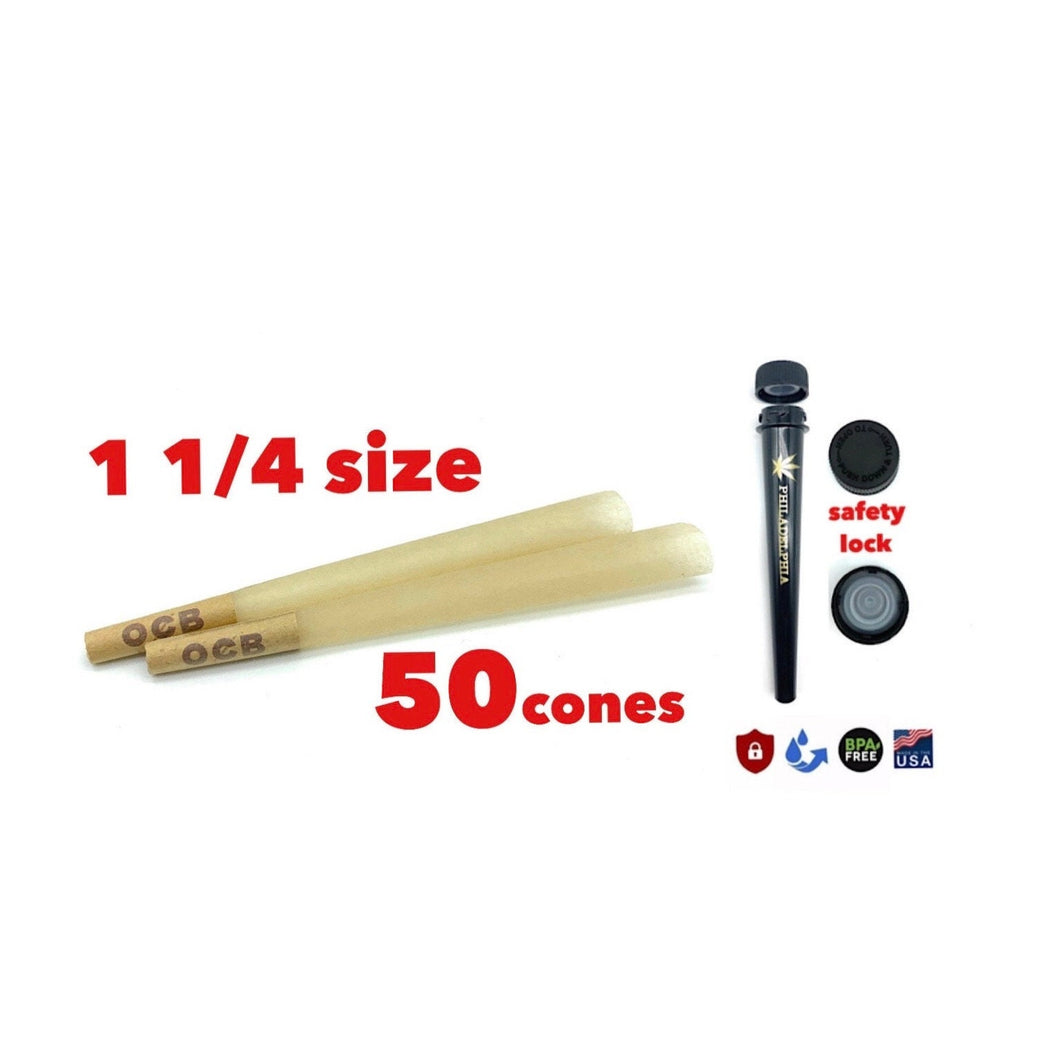 OCB unbleached 1 1/4 size pre rolled cone 50PK 100PK | 1x philadelphia BPA FREE smell proof tube