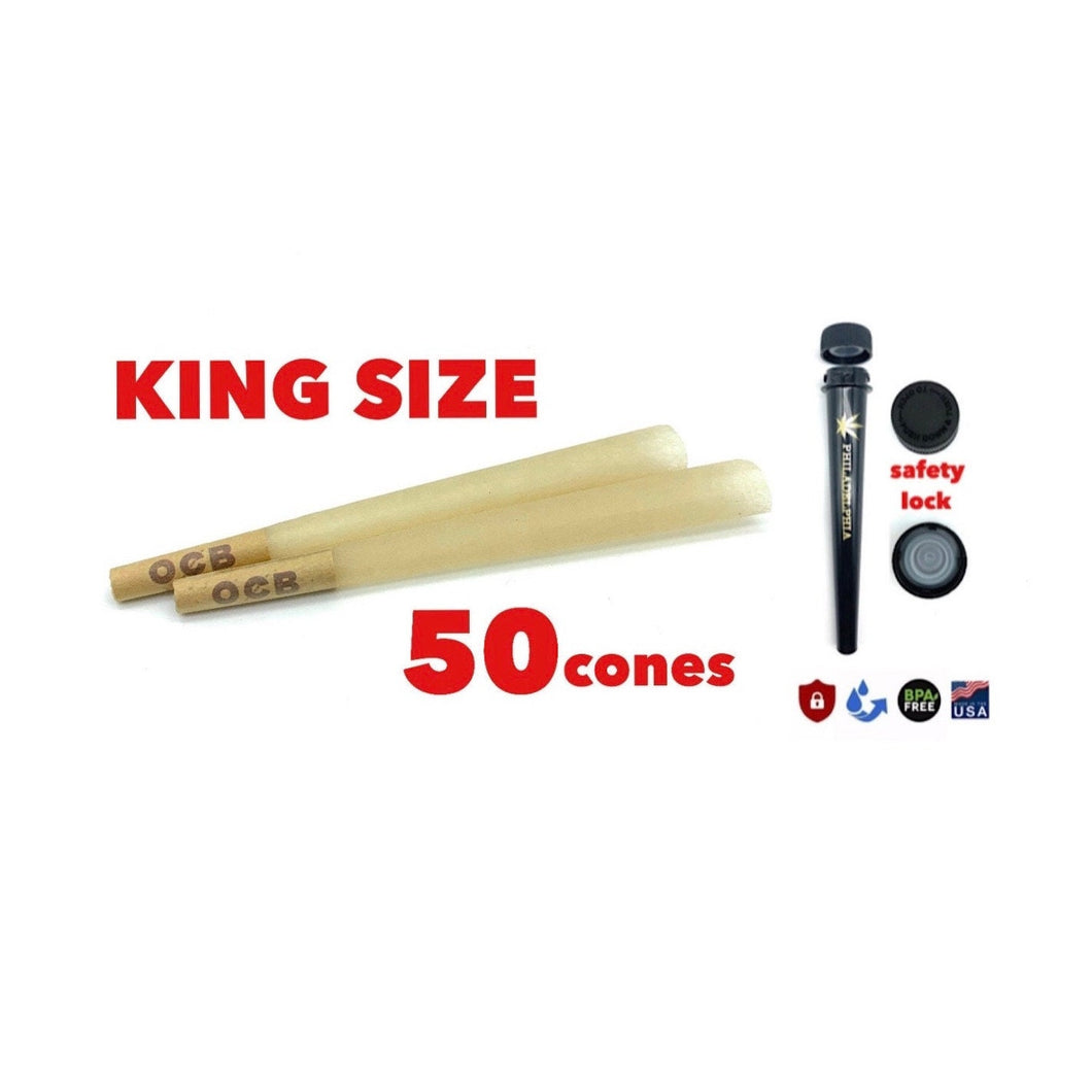 OCB unbleached KING size pre rolled cone 50PK 100PK | 1x philadelphia BPA free smell proof tube