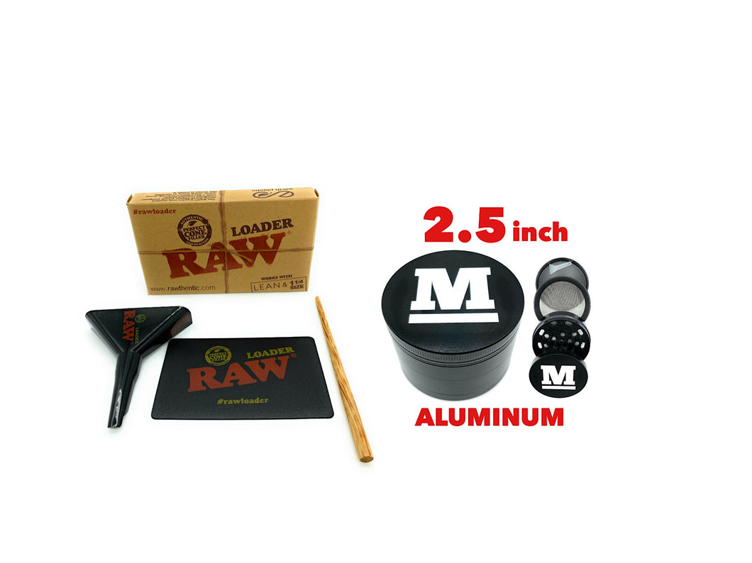 Raw lean 1 1/4  size pre rolled cone loader kit + 2.5 Inch 4 Piece Large Aluminum Herb Spice Grinder Crusher (BLACK)