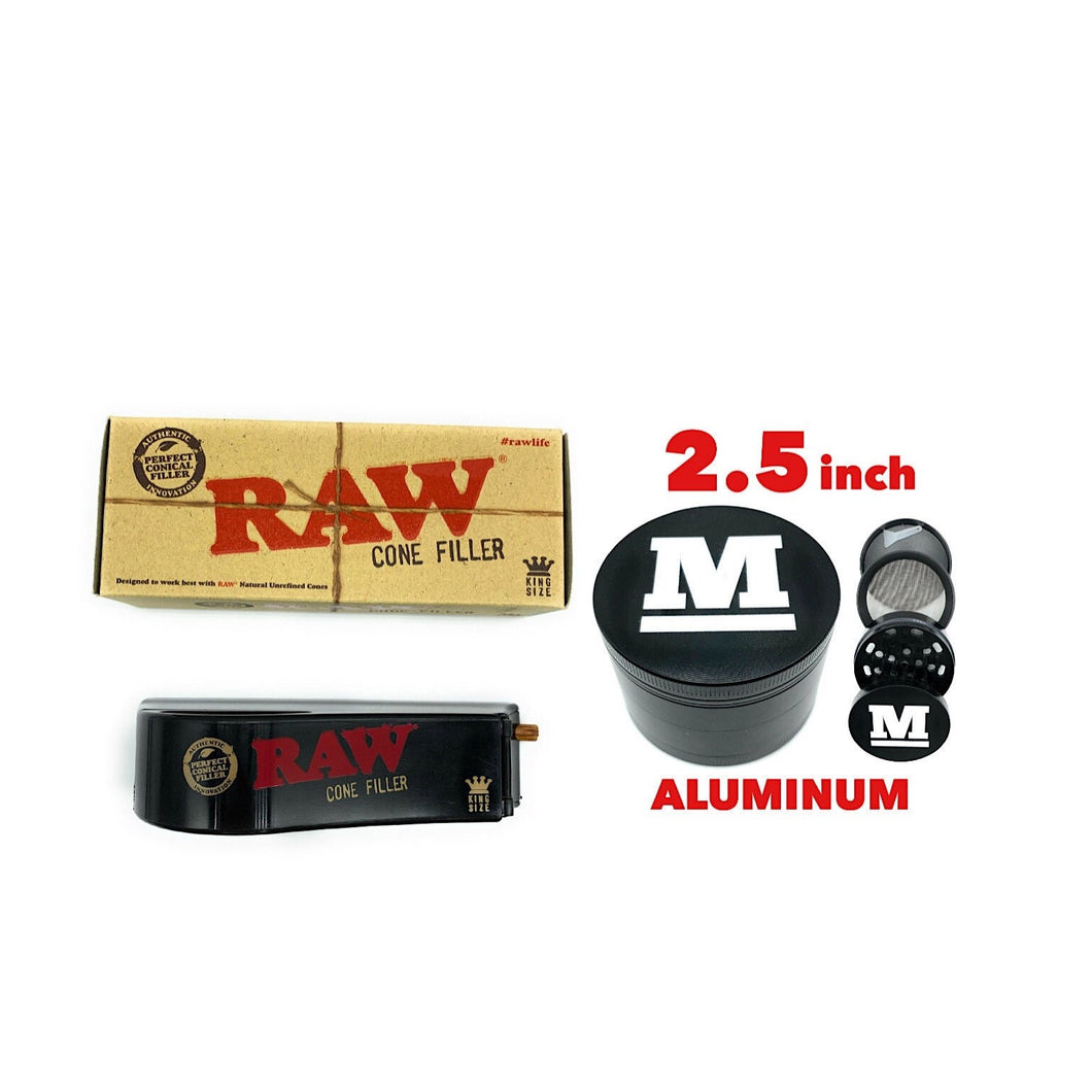 Raw king size pre rolled cone shooter filler kit + 2.5 Inch 4 Piece Large Aluminum Herb Spice Grinder Crusher (BLACK)