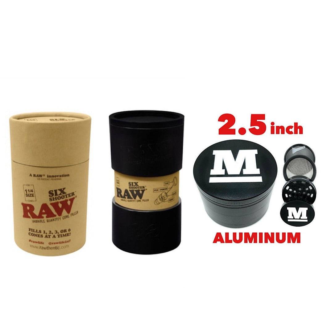 Raw 1 1/4 size pre rolled cone six shooter filler kit + 2.5 Inch 4 Piece Large Aluminum Herb Spice Grinder Crusher (BLACK)
