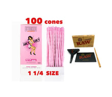 Load image into Gallery viewer, RAW Juicy Lucy PINK pre rolled cone 1 1/4 size made in France 50pk | 100pk | 200pk + raw 1 1/4 lean size cone loader kit
