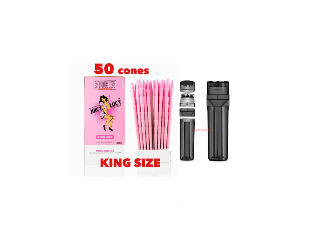 RAW Juicy Lucy PINK pre rolled cone king size made in France 50pk | 100pk | 200pk + portable 3 in 1 tobacco grinder