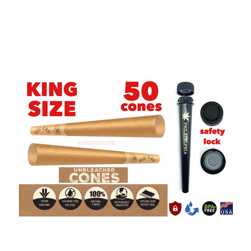Zig zag unbleached KING size pre rolled cone 50/100/200 cones + philadelphia smell proof tube