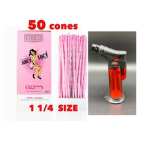 Load image into Gallery viewer, RAW Juicy Lucy PINK pre rolled cone 1 1/4  size made in France 50pk | 100pk | 200pk + jet flame refillable torch lighter RED color

