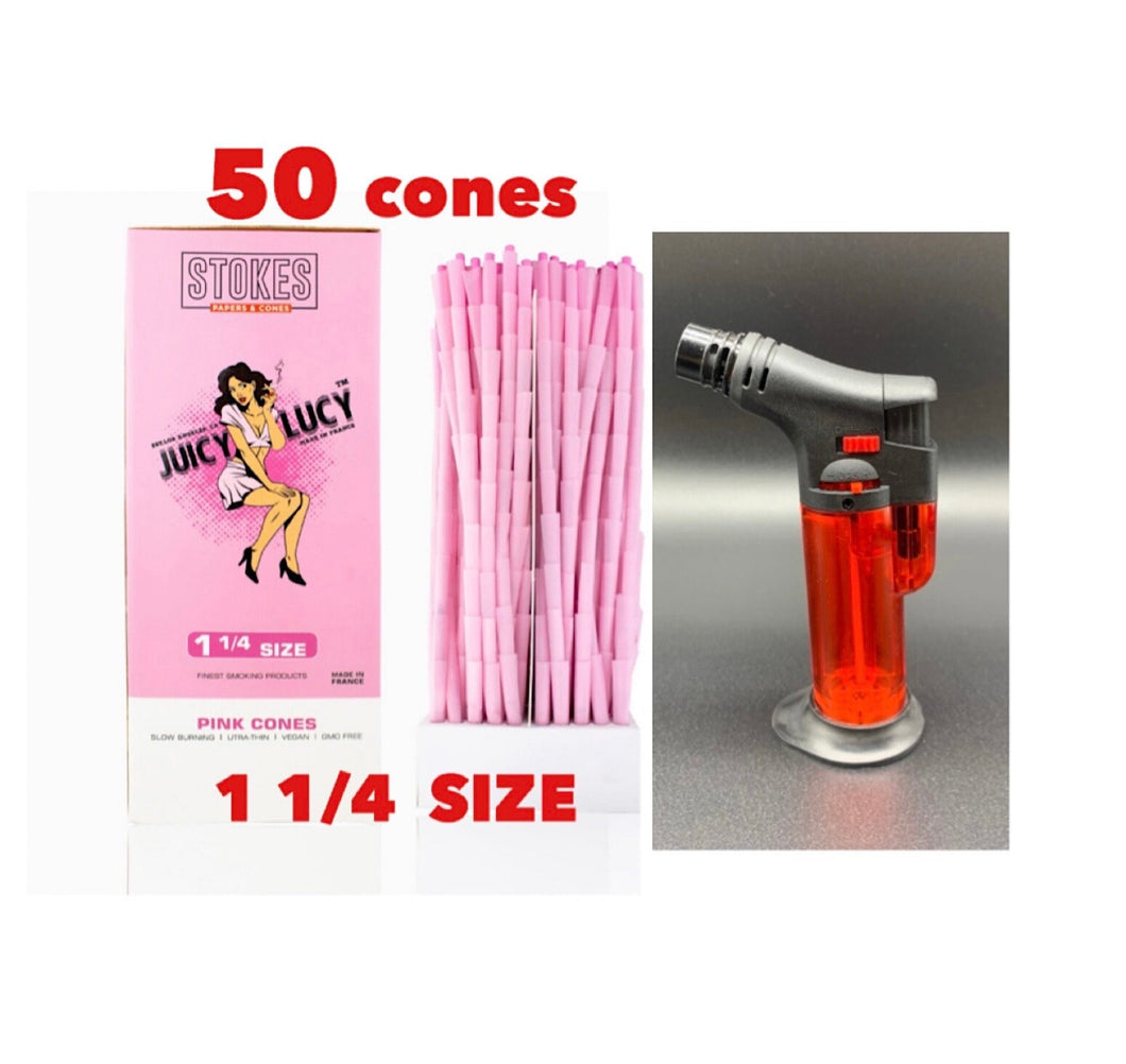 RAW Juicy Lucy PINK pre rolled cone 1 1/4  size made in France 50pk | 100pk | 200pk + jet flame refillable torch lighter RED color