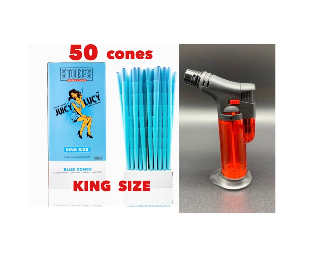 RAW Juicy Lucy BLUE pre rolled cone king  size made in France 50pk | 100pk | 200pk + jet flame refillable torch lighter RED color