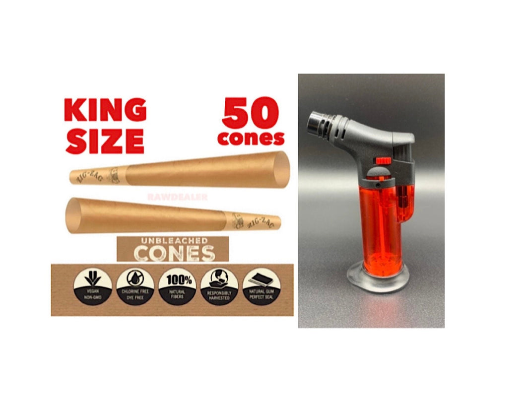 Zig Zag pre rolled cone king size 50pk | 100pk | 200pk | 300pk + jet flame refillable torch lighter RED color