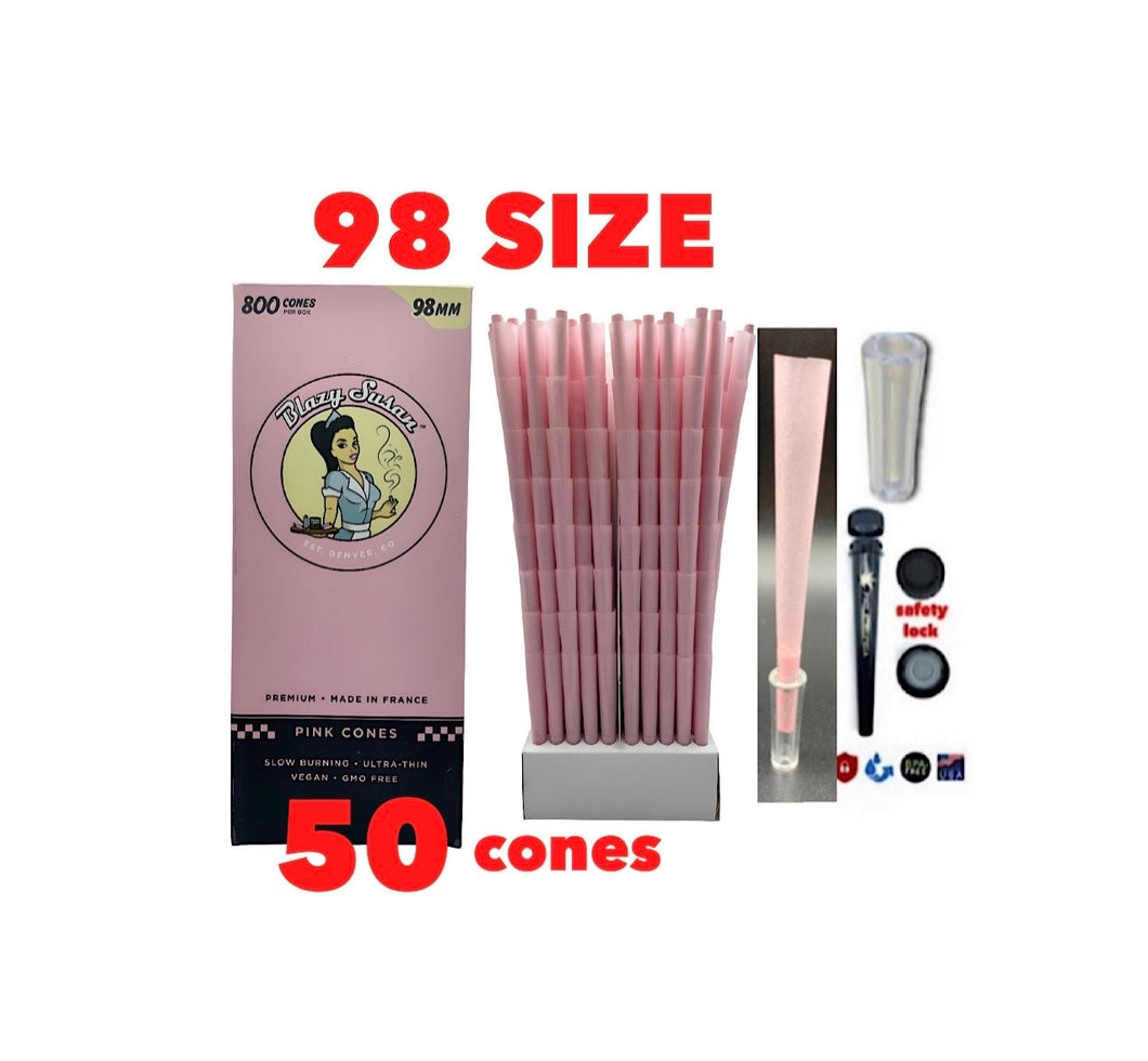 Blazy Susan pink pre rolled cone 98MM  50packs | 100packs | 200packs | + 1x glass pre rolled cone filter tip + Philadelphia BPA free tube