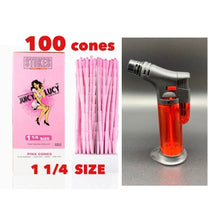 Load image into Gallery viewer, RAW Juicy Lucy PINK pre rolled cone 1 1/4  size made in France 50pk | 100pk | 200pk + jet flame refillable torch lighter RED color
