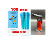 Load image into Gallery viewer, RAW Juicy Lucy BLUE pre rolled cone king  size made in France 50pk | 100pk | 200pk + jet flame refillable torch lighter RED color
