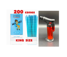 Load image into Gallery viewer, RAW Juicy Lucy BLUE pre rolled cone king  size made in France 50pk | 100pk | 200pk + jet flame refillable torch lighter RED color
