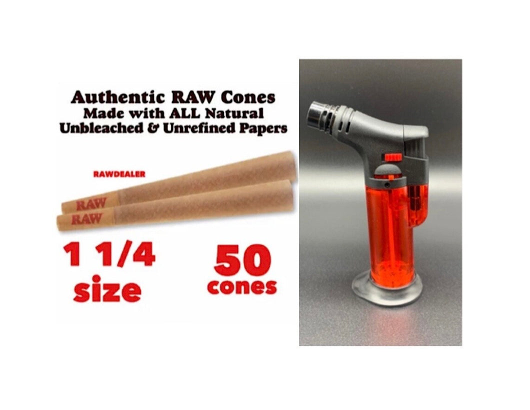 RAW pre rolled cone 1 1/4  size  50pk | 100pk | 200pk + jet flame refillable torch lighter RED color