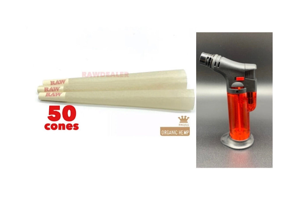 RAW organic  pre rolled cone KING size  50pk | 100pk | 200pk + jet flame refillable torch lighter RED color