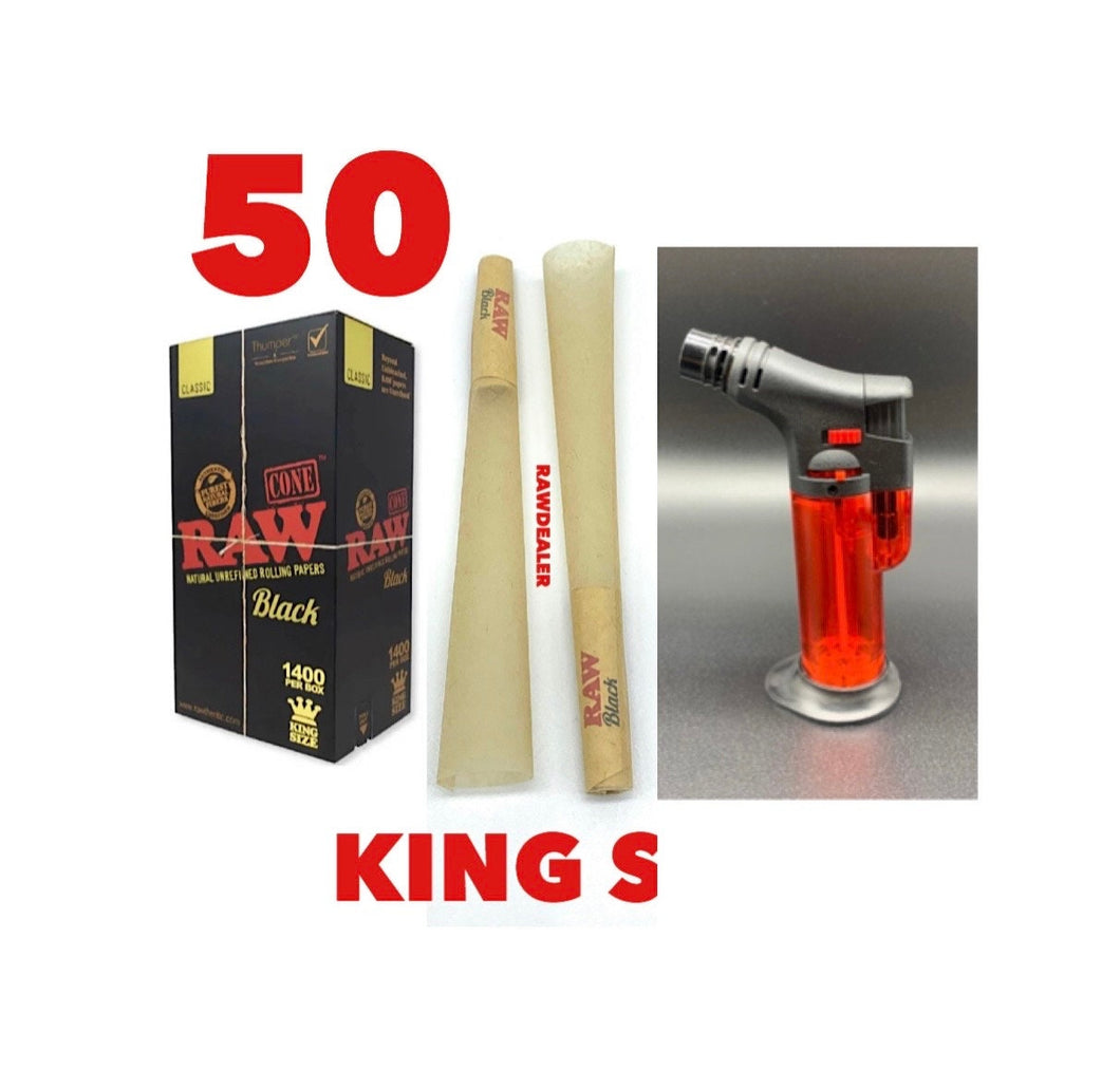 RAW black pre rolled cone king size 50pk | 100pk | 200pk | 300pk + jet flame refillable torch lighter RED color