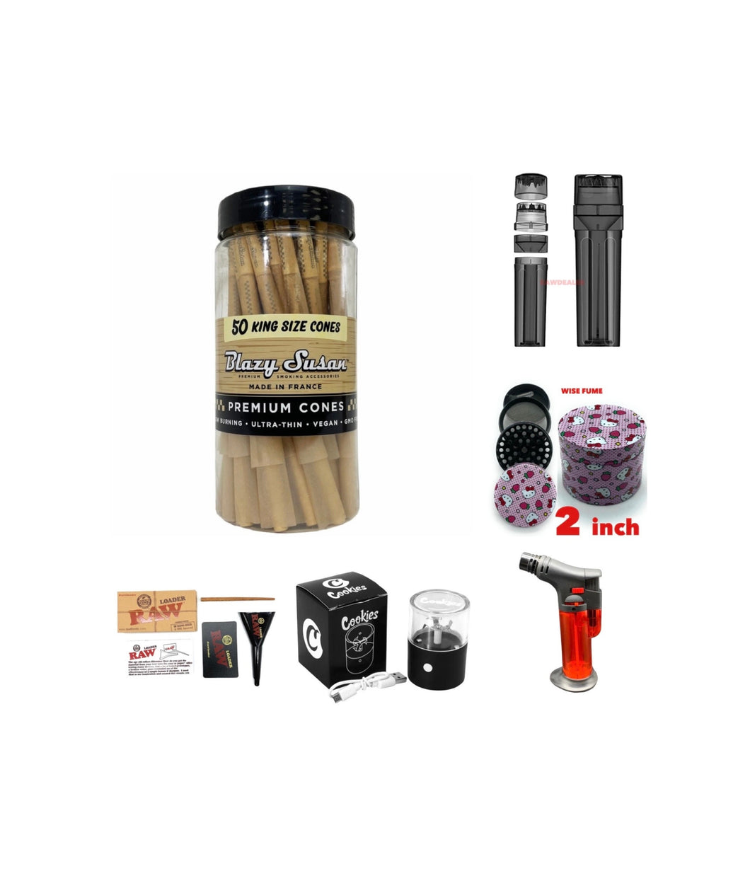 Blazy Susan unbleached pre rolled cone king size 50ct jar | raw cone loader | kitty grinder | 3in1 grinder | torch | rechargeable  grinder