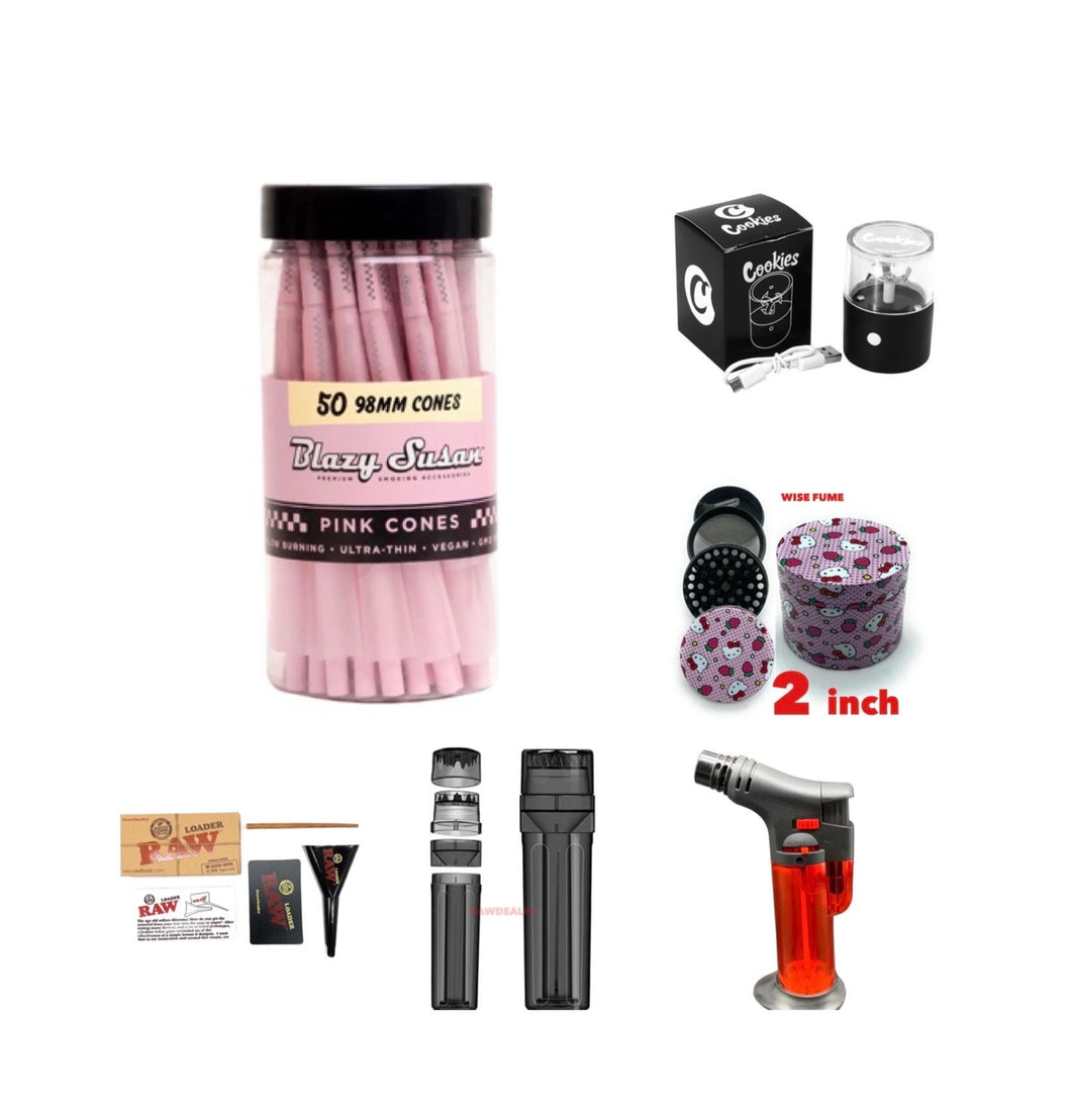 Blazy Susan PINK pre rolled cone 98mm 50ct jar | raw cone loader, hello kitty grinder | 3in1 grinder | torch lighter | rechargeable  grinder