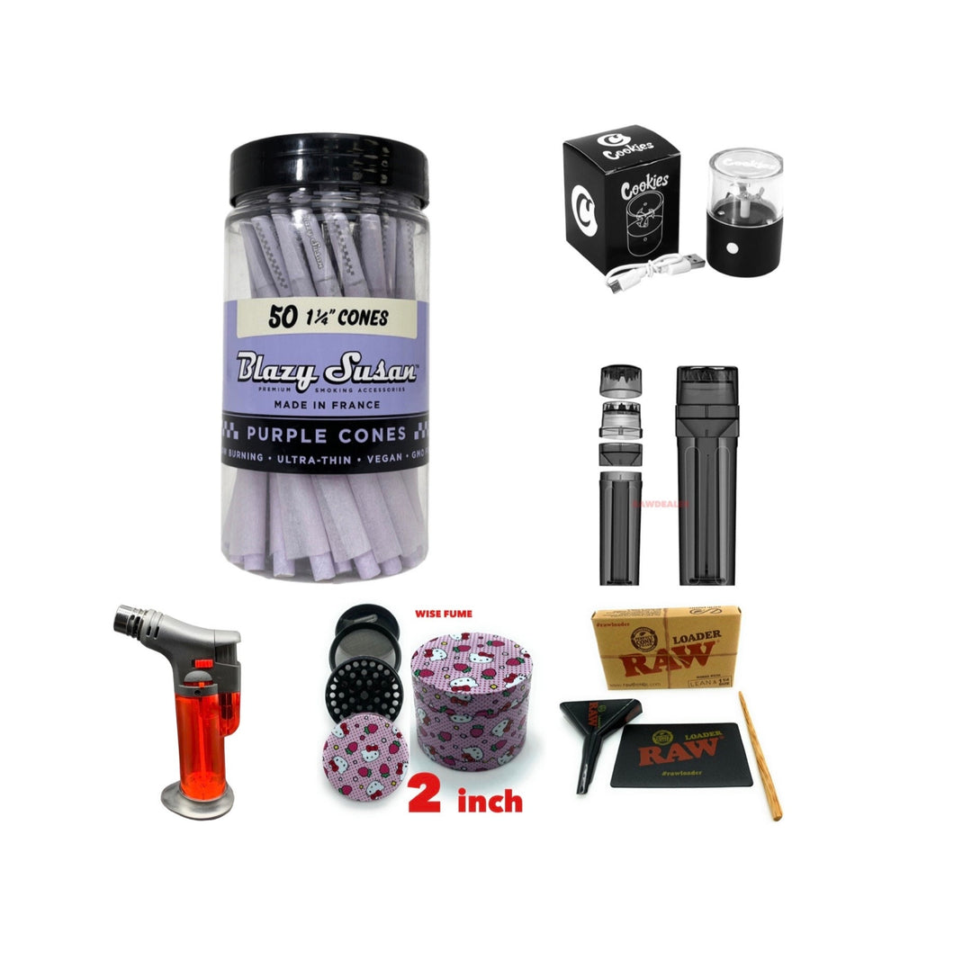 Blazy Susan PURPLE pre rolled cone 1 1/4  size 50ct jar | raw cone loader | kitty grinder |3in1 grinder | torch | rechargeable  grinder